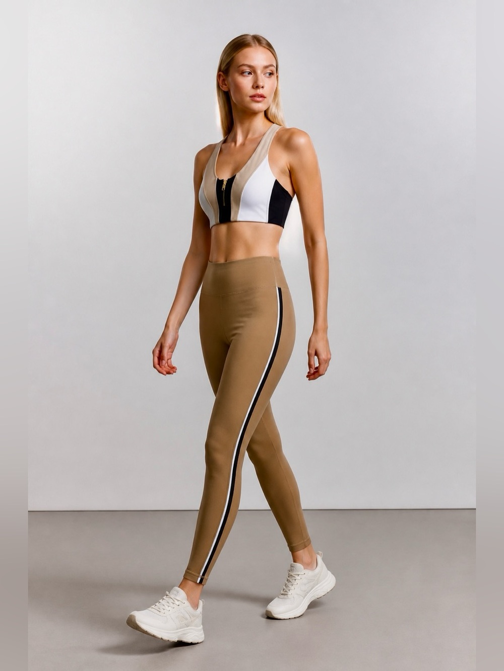 Set of 2 Colorblock Zip-Front Sports Bra and Athleta Leggings - Tan/White/Black - Picture 3 of 16